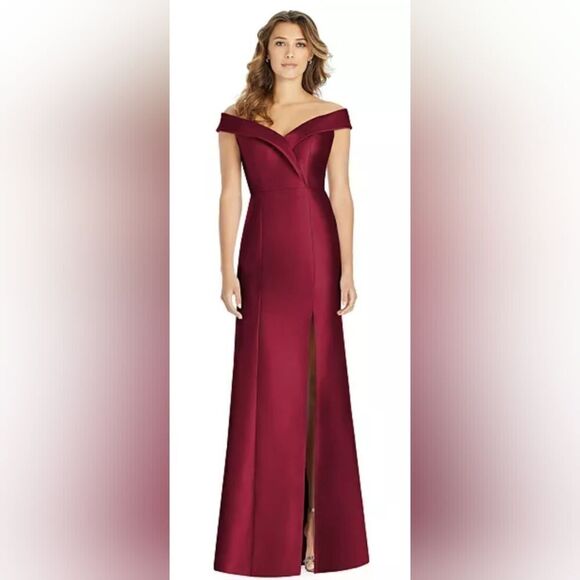 ALFRED SUNG Off-The-Shoulder Satin Gown NWT size 8-R Burgundy - Picture 1 of 6